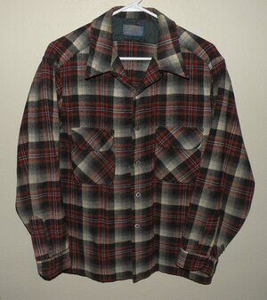 Vtg 70s Pendleton Wool Board Shirt Loop Collar Men’s XL Red Gray Plaid USA Holes